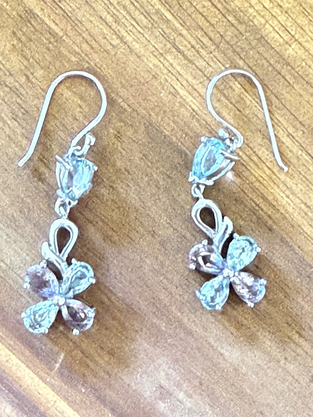 Sterling Silver Floral Drop Earrings Amethyst and Aquamarine Swarovski crystals
